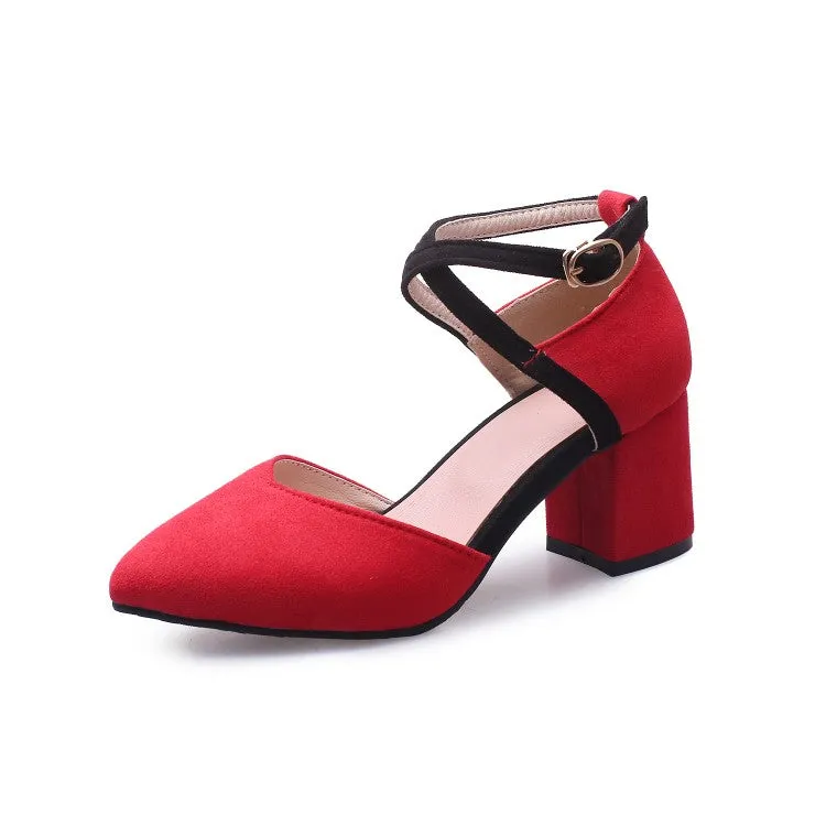 Women's SuedePointed Toe Color Block Ankle Strap Block Heel Sandals