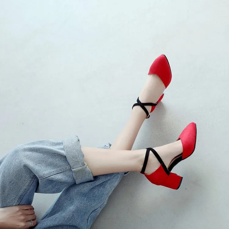 Women's SuedePointed Toe Color Block Ankle Strap Block Heel Sandals