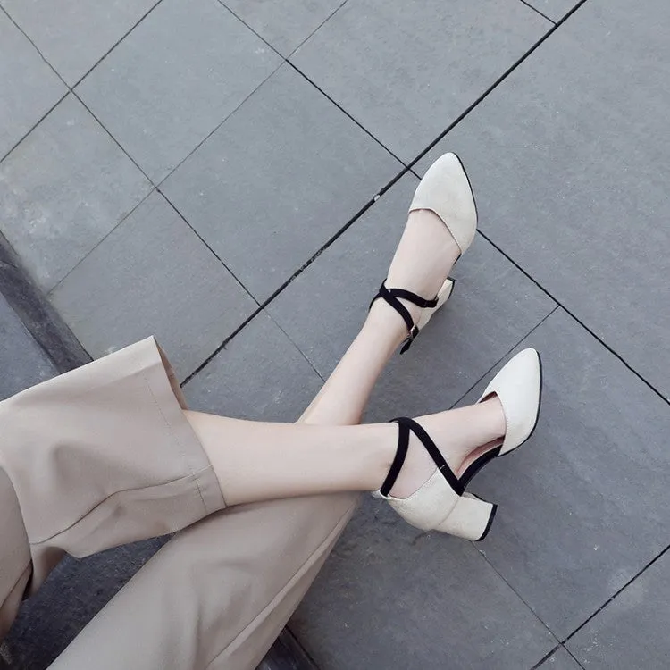 Women's SuedePointed Toe Color Block Ankle Strap Block Heel Sandals