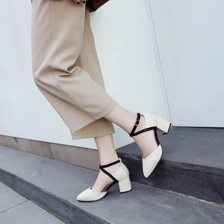 Women's SuedePointed Toe Color Block Ankle Strap Block Heel Sandals