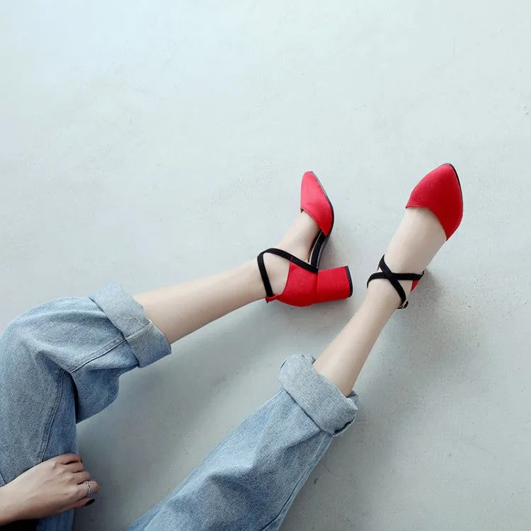 Women's SuedePointed Toe Color Block Ankle Strap Block Heel Sandals