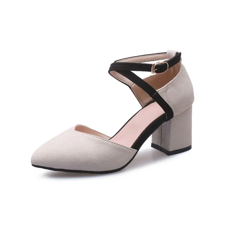 Women's SuedePointed Toe Color Block Ankle Strap Block Heel Sandals